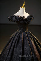 Black Floor Length V-neck Off the Shoulder Evening Dress, Black A-Line Evening Dress