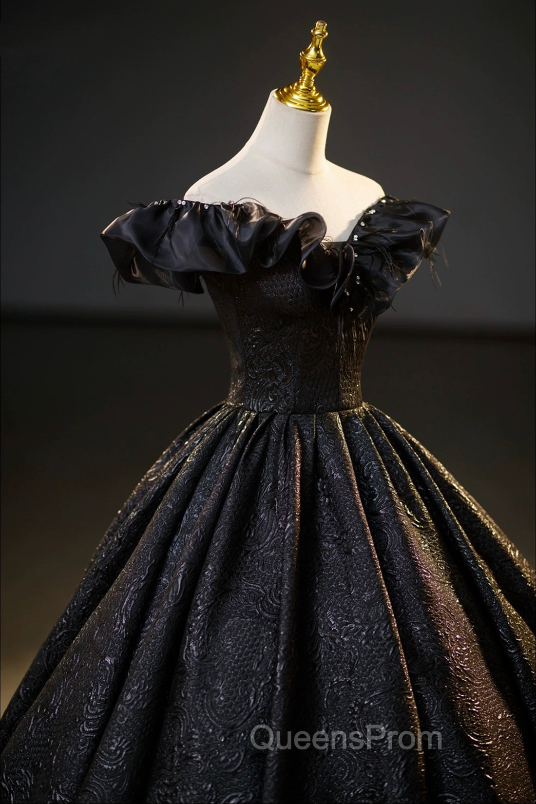 Black Floor Length V-neck Off the Shoulder Evening Dress, Black A-Line Evening Dress