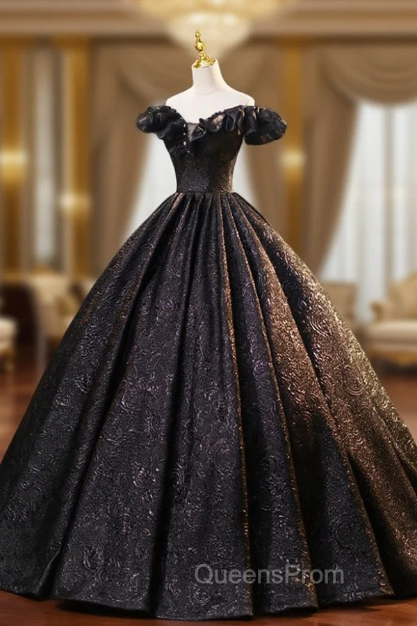Black Floor Length V-neck Off the Shoulder Evening Dress, Black A-Line Evening Dress