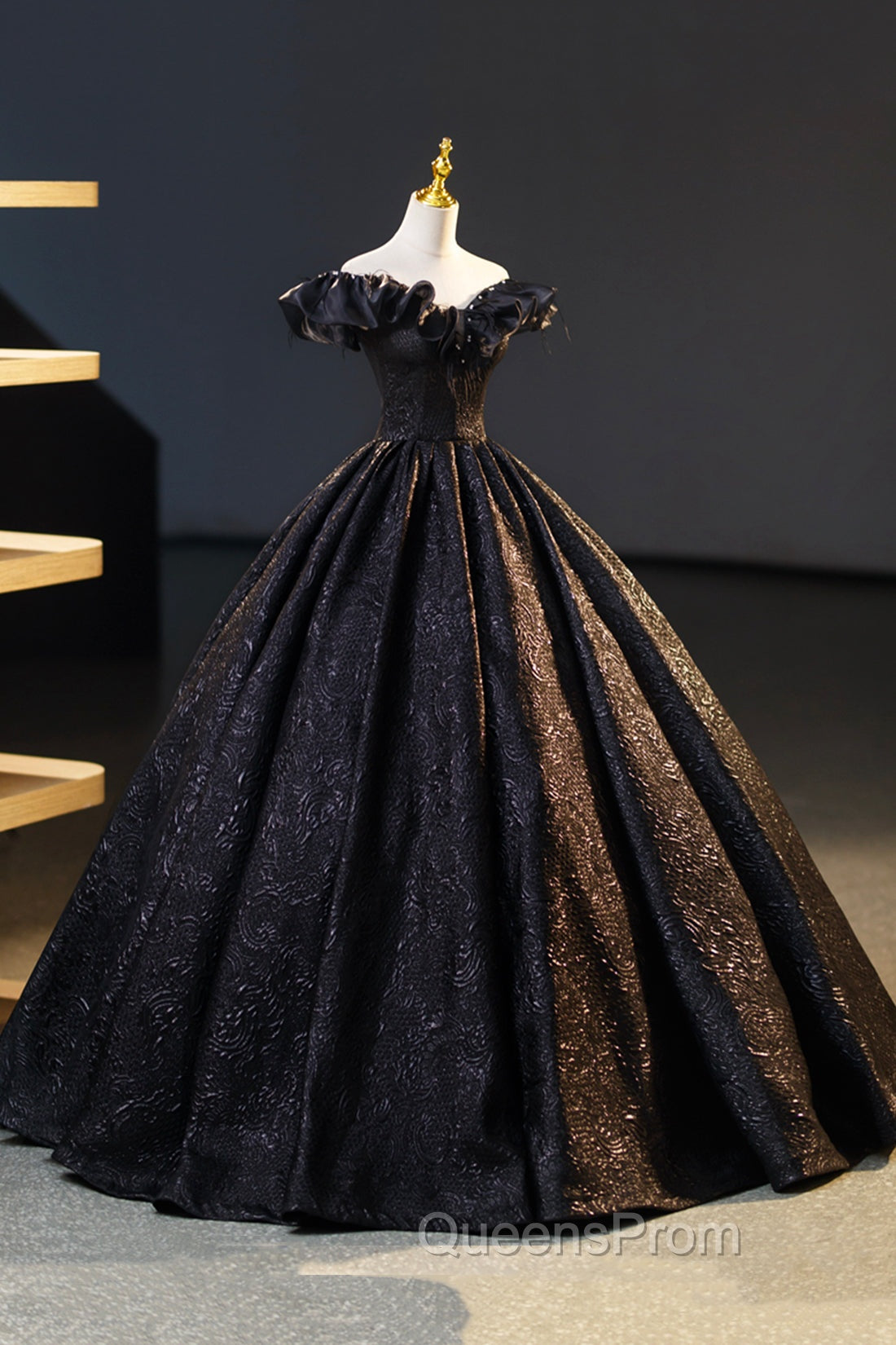 Black Floor Length V-neck Off the Shoulder Evening Dress, Black A-Line Evening Dress