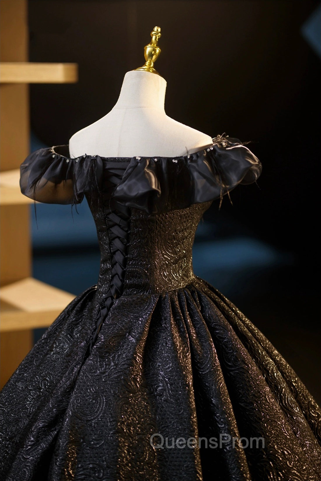 Black Floor Length V-neck Off the Shoulder Evening Dress, Black A-Line Evening Dress
