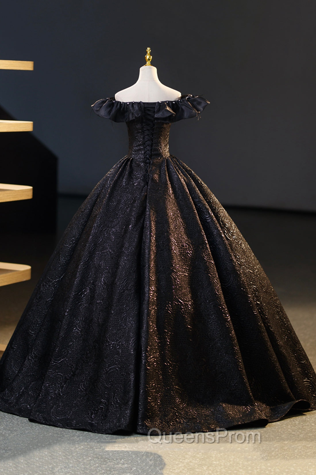 Black Floor Length V-neck Off the Shoulder Evening Dress, Black A-Line Evening Dress