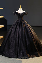Black Floor Length V-neck Off the Shoulder Evening Dress, Black A-Line Evening Dress