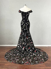 Black Floral Lace Mermaid Off Shoulder Long Party Dress, Black Evening Dress Evening Prom Dress