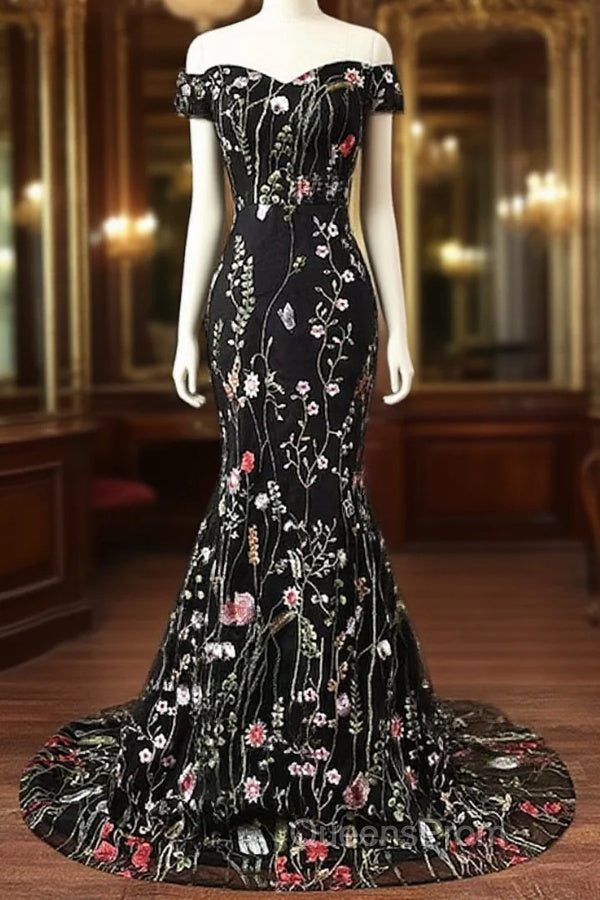 Black Floral Lace Mermaid Off Shoulder Long Party Dress, Black Evening Dress Evening Prom Dress Main image
