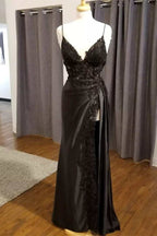 Black Floral Lace V-Neck Long Classy Prom Dress With Slit Birthday Outfits