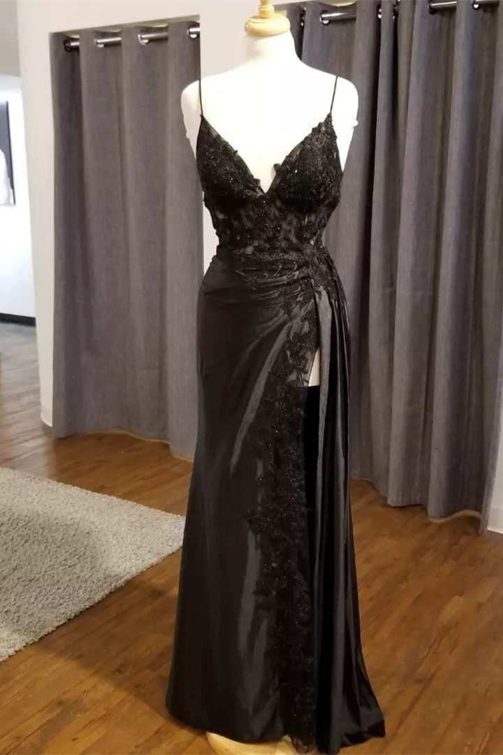 Black Floral Lace V-Neck Long Classy Prom Dress With Slit Birthday Outfits
