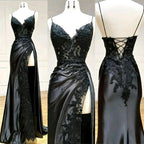 Black Floral Lace V-Neck Long Classy Prom Dress With Slit Birthday Outfits