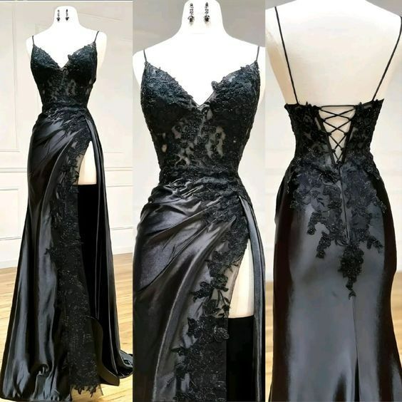 Black Floral Lace V-Neck Long Classy Prom Dress With Slit Birthday Outfits