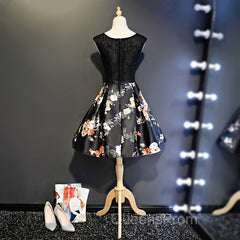 Black Floral Satin and Lace Round Neckline Short Party Dress Evening Prom Dress, Black Homecoming Dress
