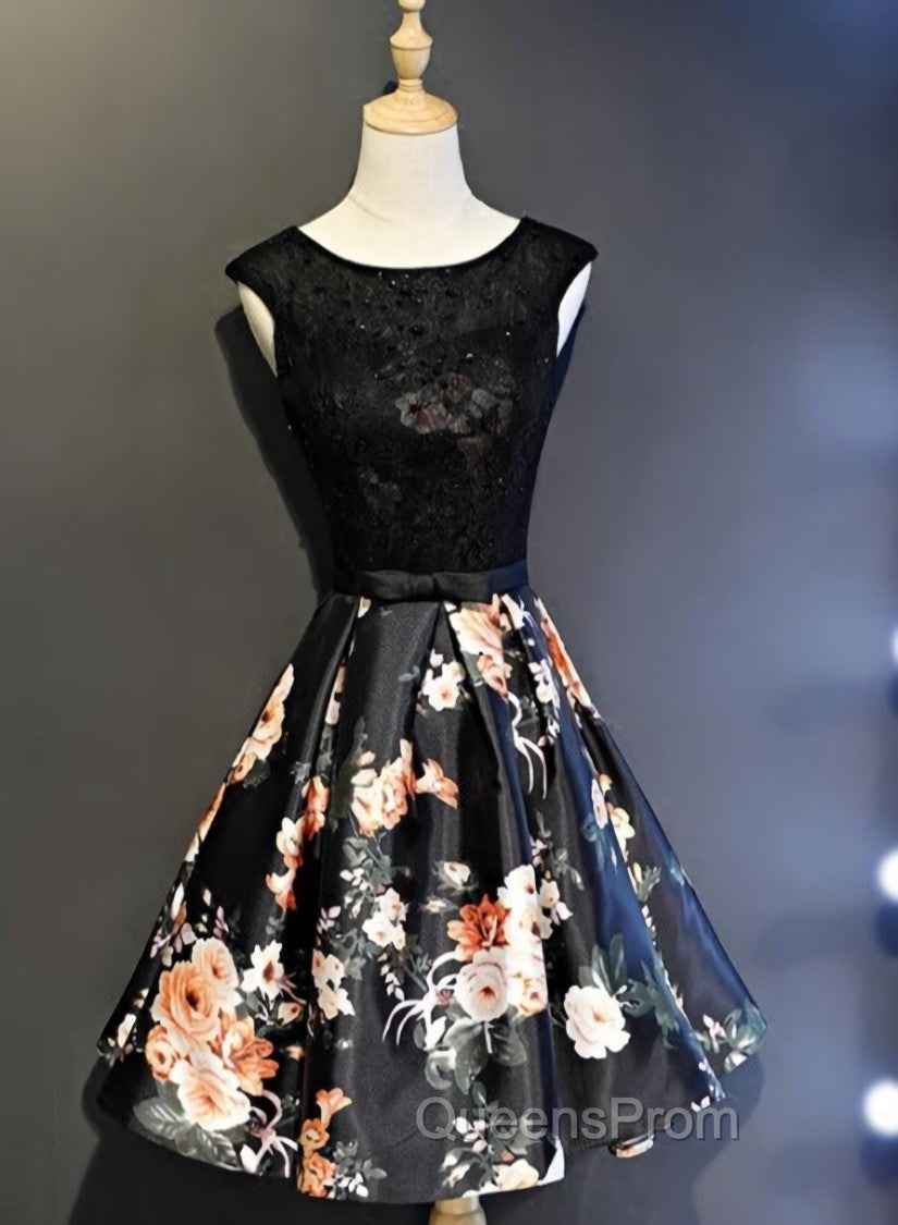 Black Floral Satin and Lace Round Neckline Short Party Dress Evening Prom Dress, Black Homecoming Dress Main image