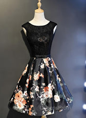 Black Floral Satin and Lace Round Neckline Short Party Dress Evening Prom Dress, Black Homecoming Dress