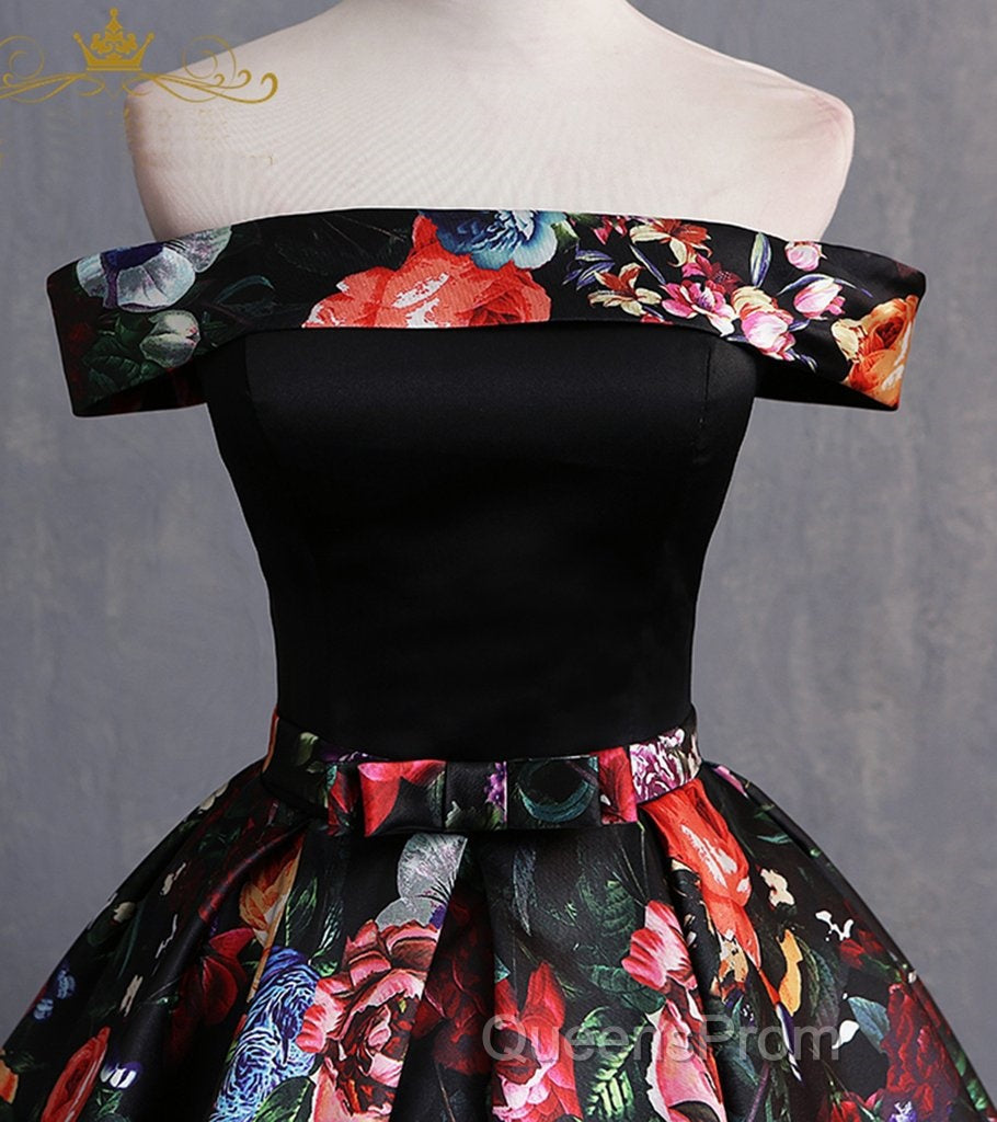 Black Floral Satin Off Shoulder Strapless Long Formal Evening Prom Dress, Evening Dress Secondary image