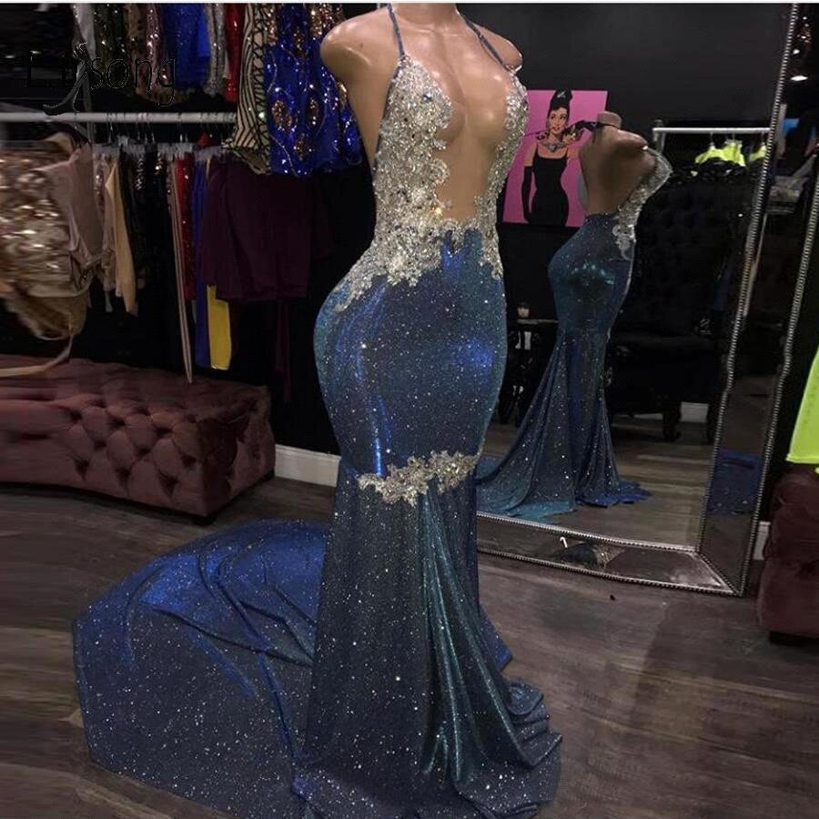 Black Girl Classy Prom Dress Cheap Sparkle Blue Sexy Classy Prom Dress | Mermaid Silver Aplliques Long Classy Evening Gowns Secondary image