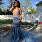 Black Girl Classy Prom Dress Cheap Sparkle Blue Sexy Classy Prom Dress | Mermaid Silver Aplliques Long Classy Evening Gowns