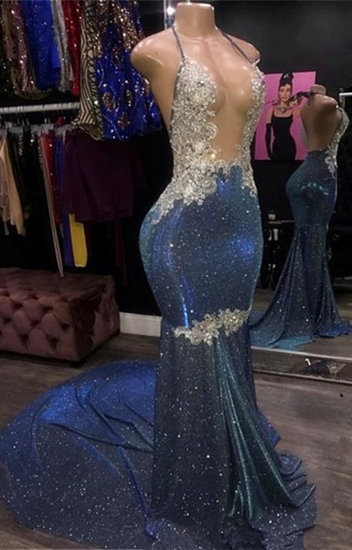 Black Girl Classy Prom Dress Cheap Sparkle Blue Sexy Classy Prom Dress | Mermaid Silver Aplliques Long Classy Evening Gowns Main image