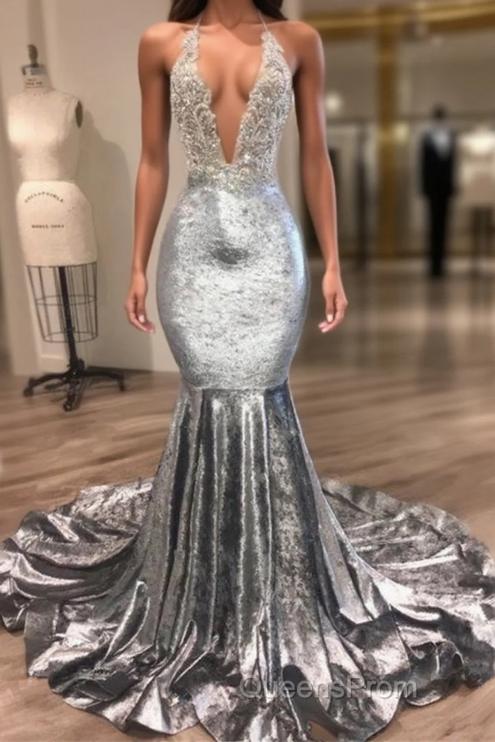 Black Girl Evening Prom Dress Open Back Silver Velvet Evening Prom Dress Cheap | Mermaid Sexy V-Neck Crystals Appliques Formal Evening Gowns Mq0131 Main image