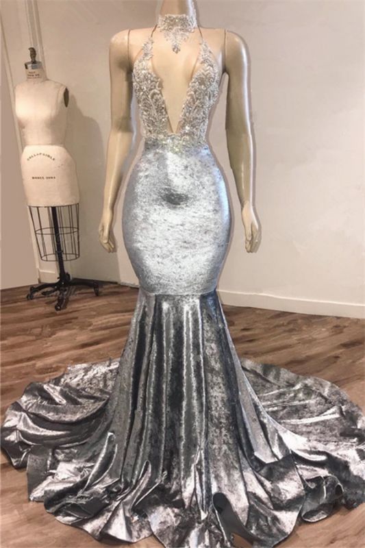 Black Girl Classy Prom Dress Open Back Silver Velvet Classy Prom Dress Cheap | Mermaid Sexy V-Neck Crystals Appliques Classy Evening Gowns