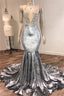 Black Girl Classy Prom Dress Open Back Silver Velvet Classy Prom Dress Cheap | Mermaid Sexy V-Neck Crystals Appliques Classy Evening Gowns