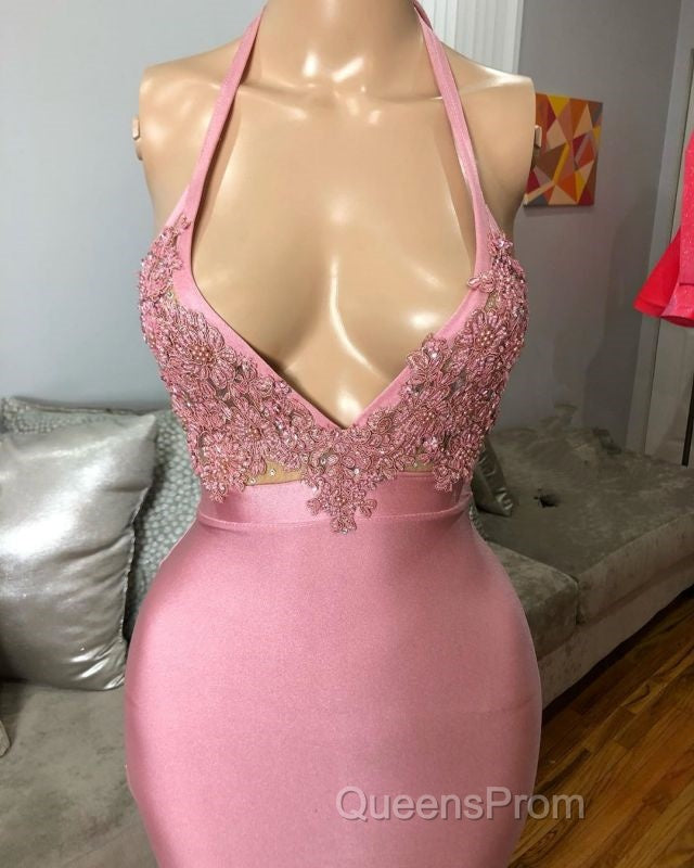 Black Girl Evening Prom Dress Mermaid Sleeveless Pink Evening Prom Dress | Sexy Beads Appliques Evening Dress