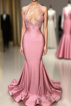 Black Girl Evening Prom Dress Mermaid Sleeveless Pink Evening Prom Dress | Sexy Beads Appliques Evening Dress