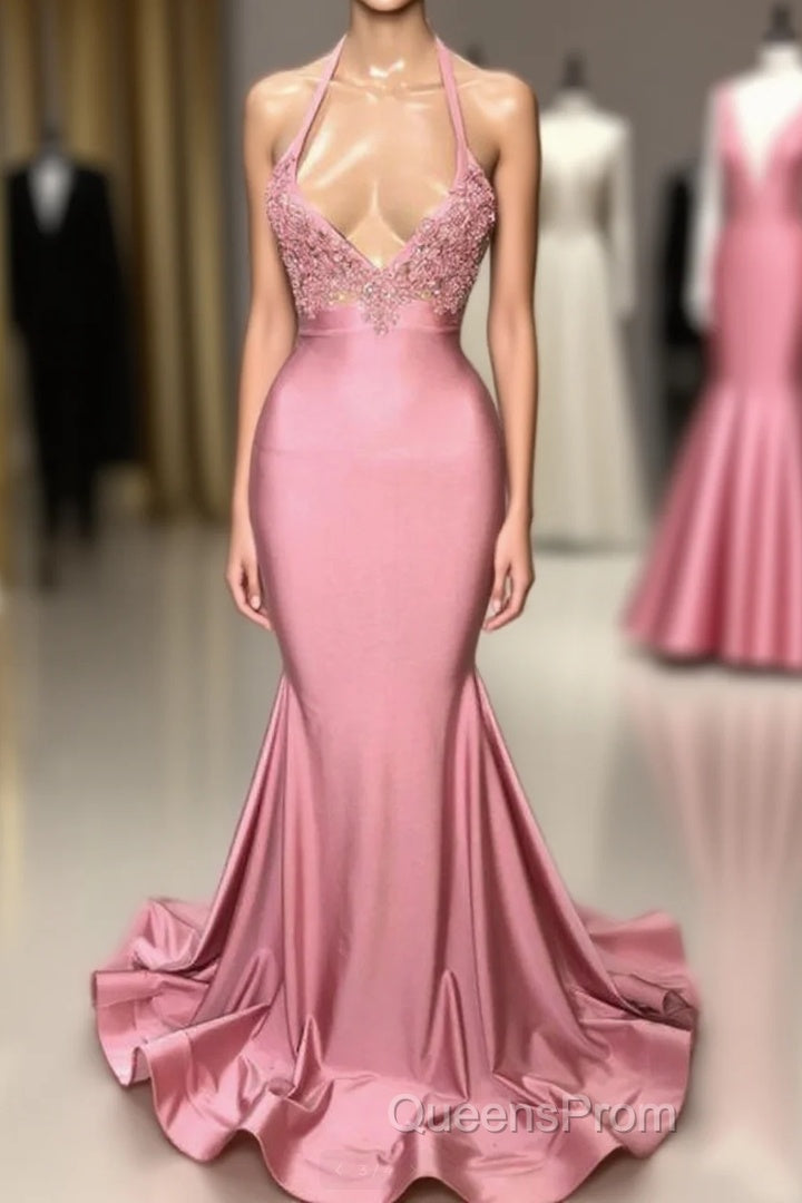 Black Girl Evening Prom Dress Mermaid Sleeveless Pink Evening Prom Dress | Sexy Beads Appliques Evening Dress