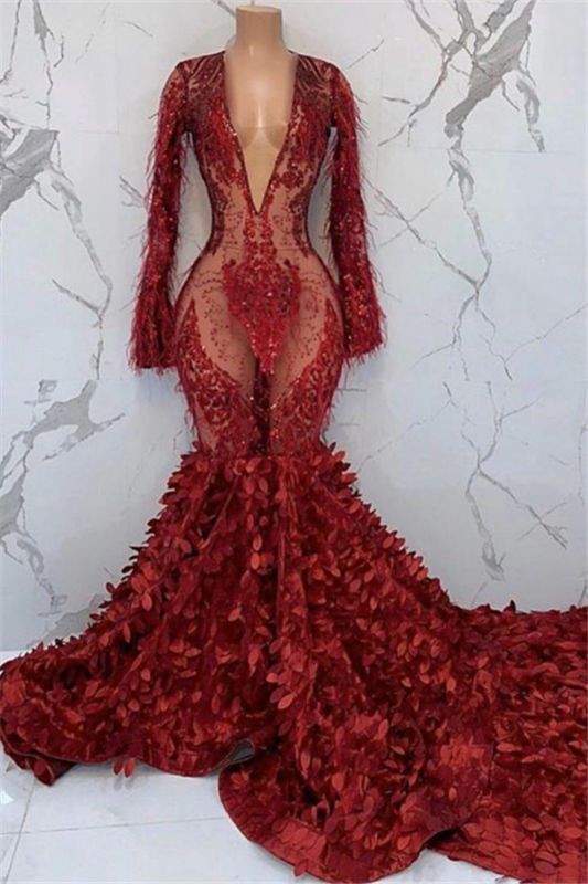 Black Girl Classy Prom Dress Sexy Deep V-Neck Appliques Classy Prom Dress | Feather Long Sleeve Mermaid Classy Evening Gowns