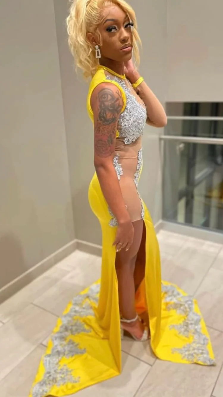 Black Girl Yellow Lace Classy Evening Dress,Silver Lace Classy Prom Dress, Sexy Classy Evening Dress Secondary image