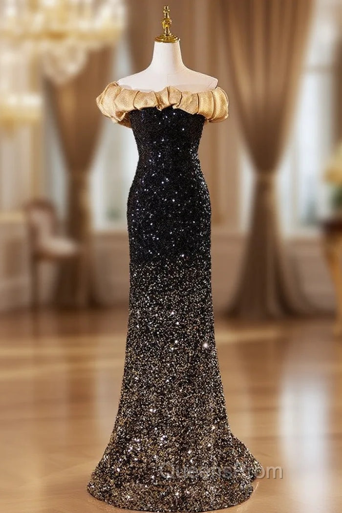 Black Gold Sequins Mermaid Evening Prom Dress