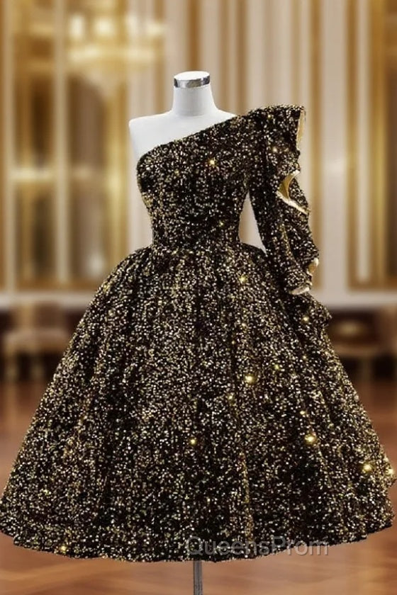 Black Gold Sequins One Shoulder Short Evening Prom Dress Main image