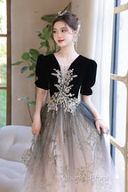 Black Gradient Tulle And Velvet Short Sleeves Party Dress, A-Line Tulle Long Formal Dress