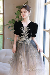 Black Gradient Tulle And Velvet Short Sleeves Party Dress, A-Line Tulle Long Formal Dress