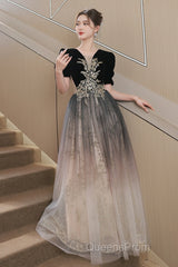 Black Gradient Tulle And Velvet Short Sleeves Party Dress, A-Line Tulle Long Formal Dress