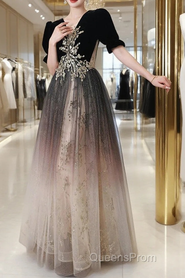 Black Gradient Tulle And Velvet Short Sleeves Party Dress, A-Line Tulle Long Formal Dress