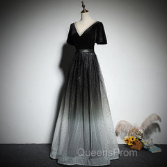 Black Gradient tulle and Velvet Short Sleeves V-neckline Tulle Party Dress, Black Tulle Evening Prom Dress