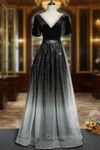 Black Gradient tulle and Velvet Short Sleeves V-neckline Tulle Party Dress, Black Tulle Evening Prom Dress