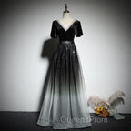 Black Gradient tulle and Velvet Short Sleeves V-neckline Tulle Party Dress, Black Tulle Evening Prom Dress