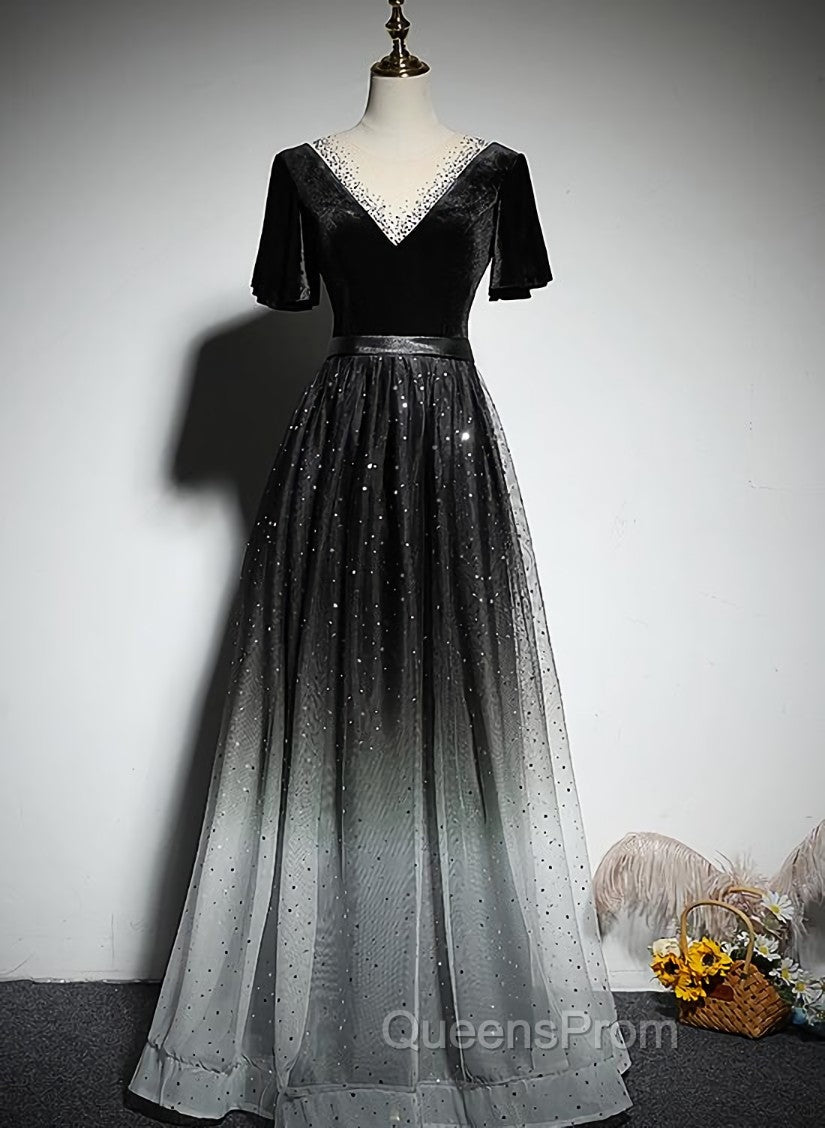 Black Gradient tulle and Velvet Short Sleeves V-neckline Tulle Party Dress, Black Tulle Evening Prom Dress Main image