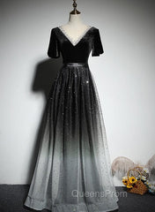 Black Gradient tulle and Velvet Short Sleeves V-neckline Tulle Party Dress, Black Tulle Evening Prom Dress
