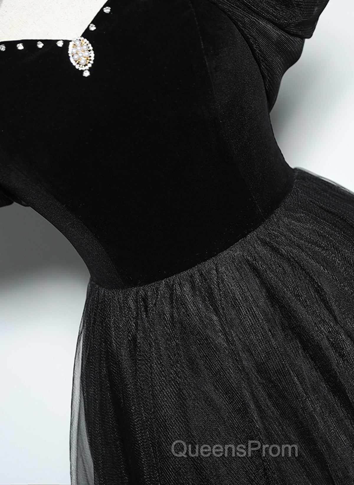 Black Haler Tulle And Velvet Long Evening Prom Dress, Black A-Line Tulle Evening Dress