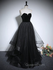 Black Haler Tulle And Velvet Long Evening Prom Dress, Black A-Line Tulle Evening Dress