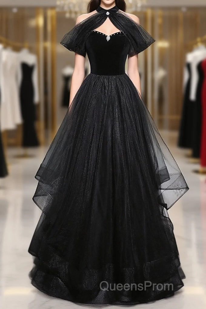 Black Haler Tulle And Velvet Long Evening Prom Dress, Black A-Line Tulle Evening Dress