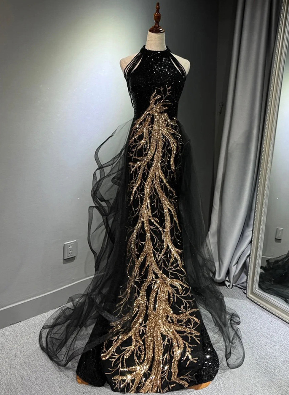 Black Halter A-Line Tulle And Sequins Classy Evening Dress, Black Long Classy Prom Dress Party Dress