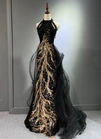 Black Halter A-Line Tulle And Sequins Classy Evening Dress, Black Long Classy Prom Dress Party Dress
