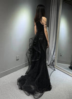 Black Halter A-Line Tulle And Sequins Classy Evening Dress, Black Long Classy Prom Dress Party Dress