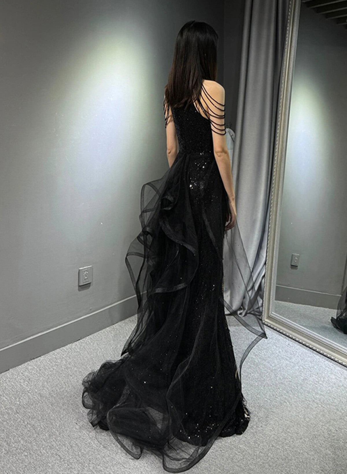 Black Halter A-Line Tulle And Sequins Classy Evening Dress, Black Long Classy Prom Dress Party Dress