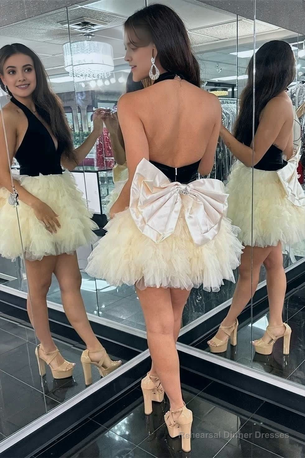 Black Halter Bow Back Ruffle Tiered Short Cocktail Dress Secondary image