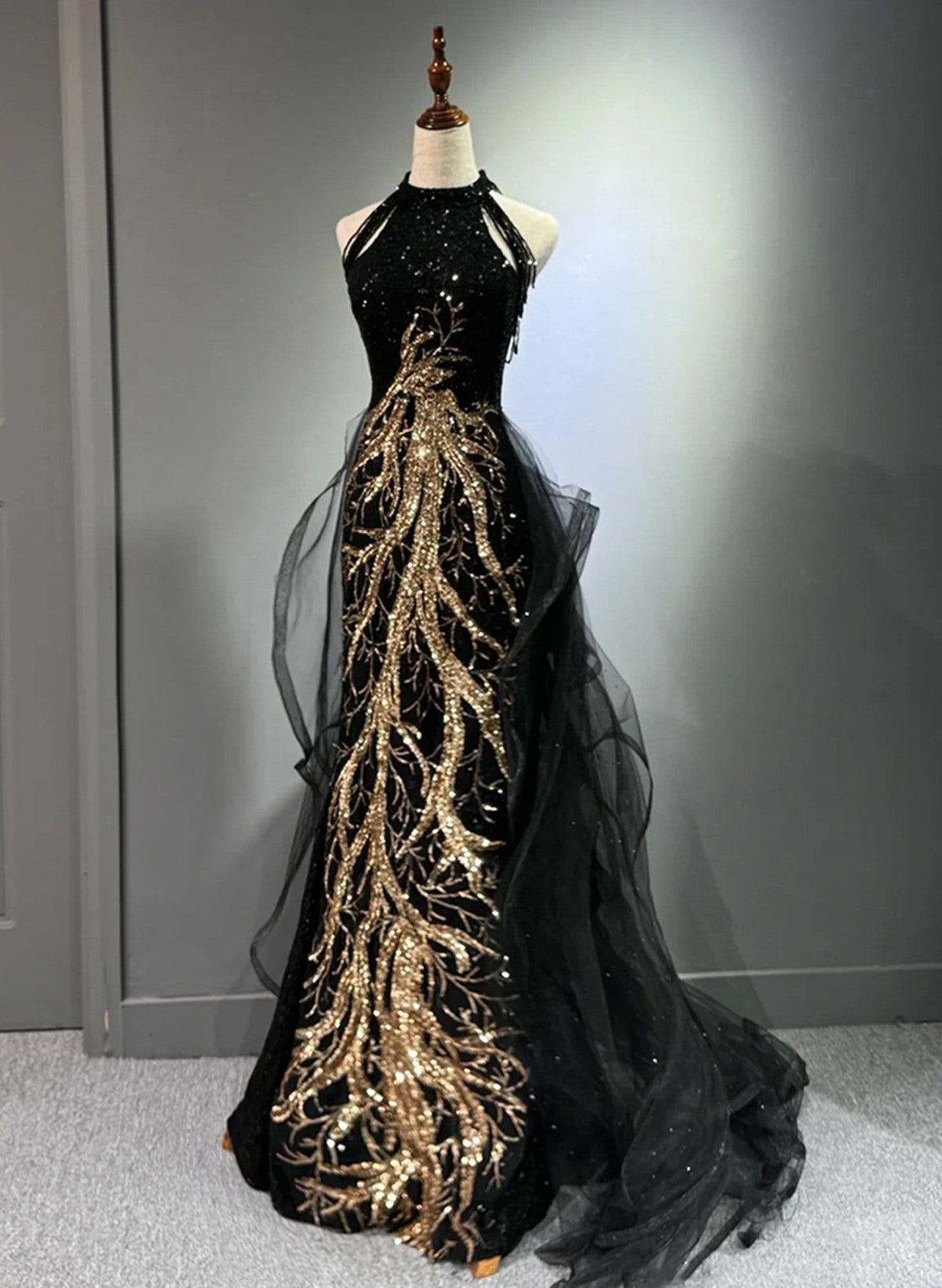 Black Halter Sequins Long Party Dress With God Lace, Black Long Classy Evening Dress Main image