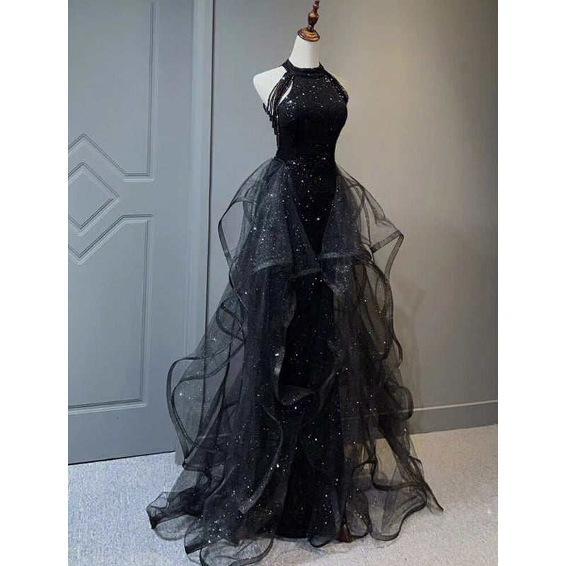 Black Halter Shiny Tulle Long Party Dress With Beadings, Black Tulle Classy Prom Dress Secondary image