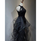 Black Halter Shiny Tulle Long Party Dress With Beadings, Black Tulle Classy Prom Dress